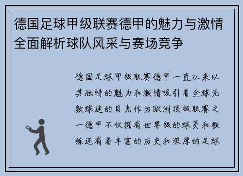 德国足球甲级联赛德甲的魅力与激情全面解析球队风采与赛场竞争